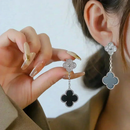 [Love's Uplift]CLOVER 2 MOTIFS  DIAMOND ONYX EARRINGS SILVER