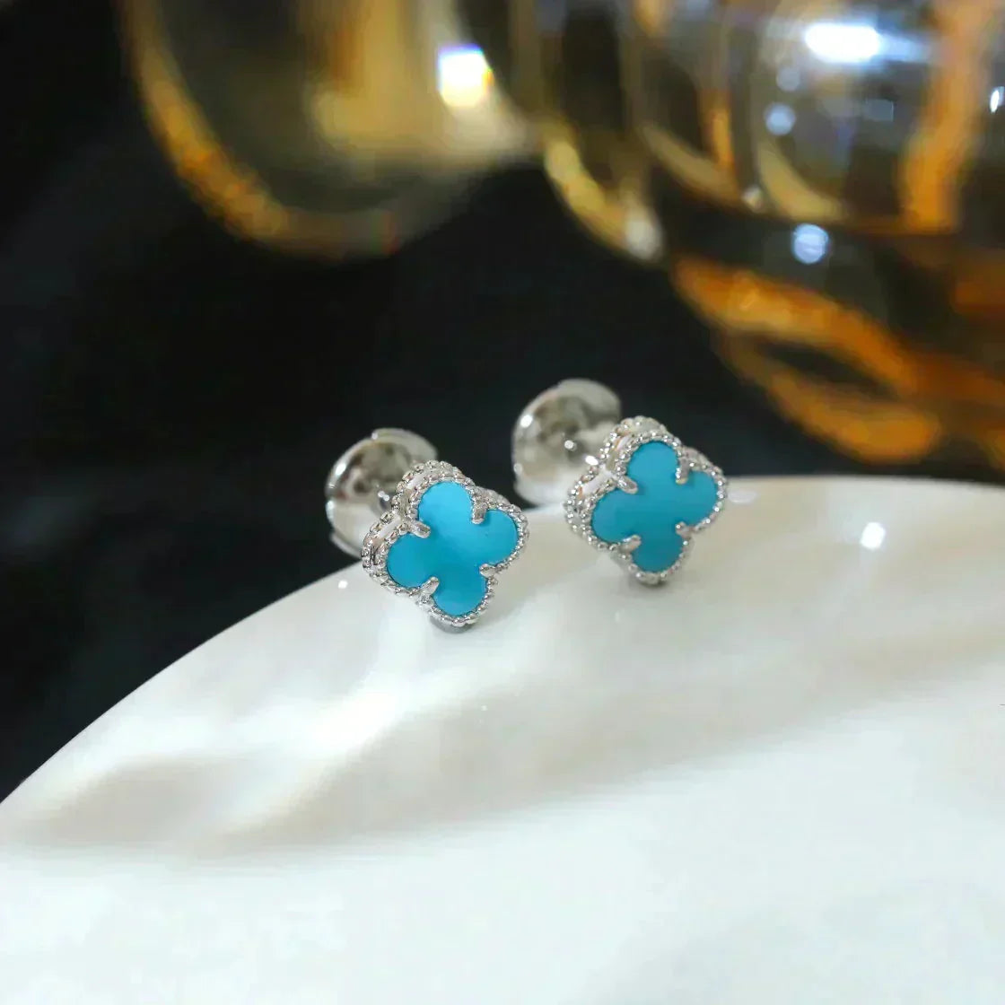[Love's Uplift]CLOVER MINI 9.5MM ONYX STUD EARRINGS SILVER