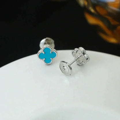 [Love's Uplift]CLOVER MINI 9.5MM ONYX STUD EARRINGS SILVER