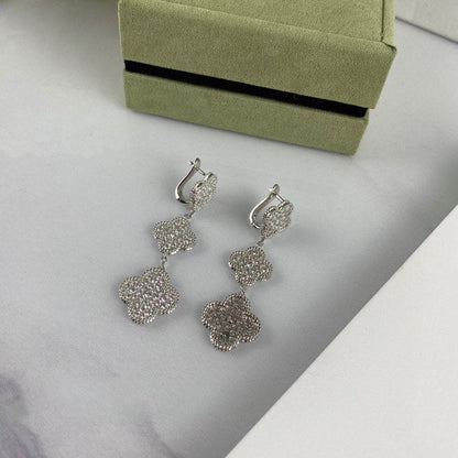 [Love's Uplift]CLOVER 3 MOTIF DIAMOND SILVER DROP EARRINGS