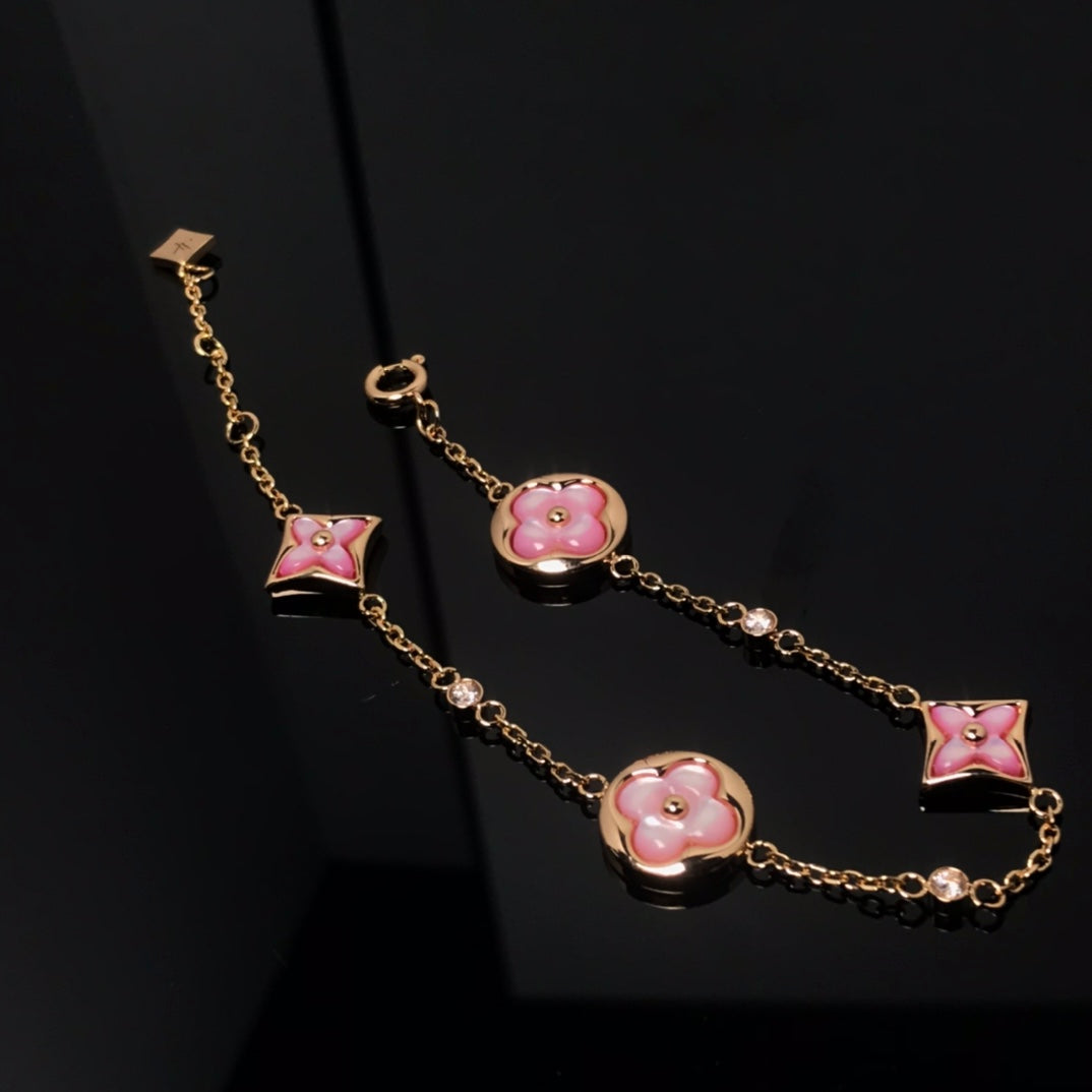 [Love's Uplift]STAR AND SUN 4 MOTIF PINK MOP PINK GOLD BRACELET