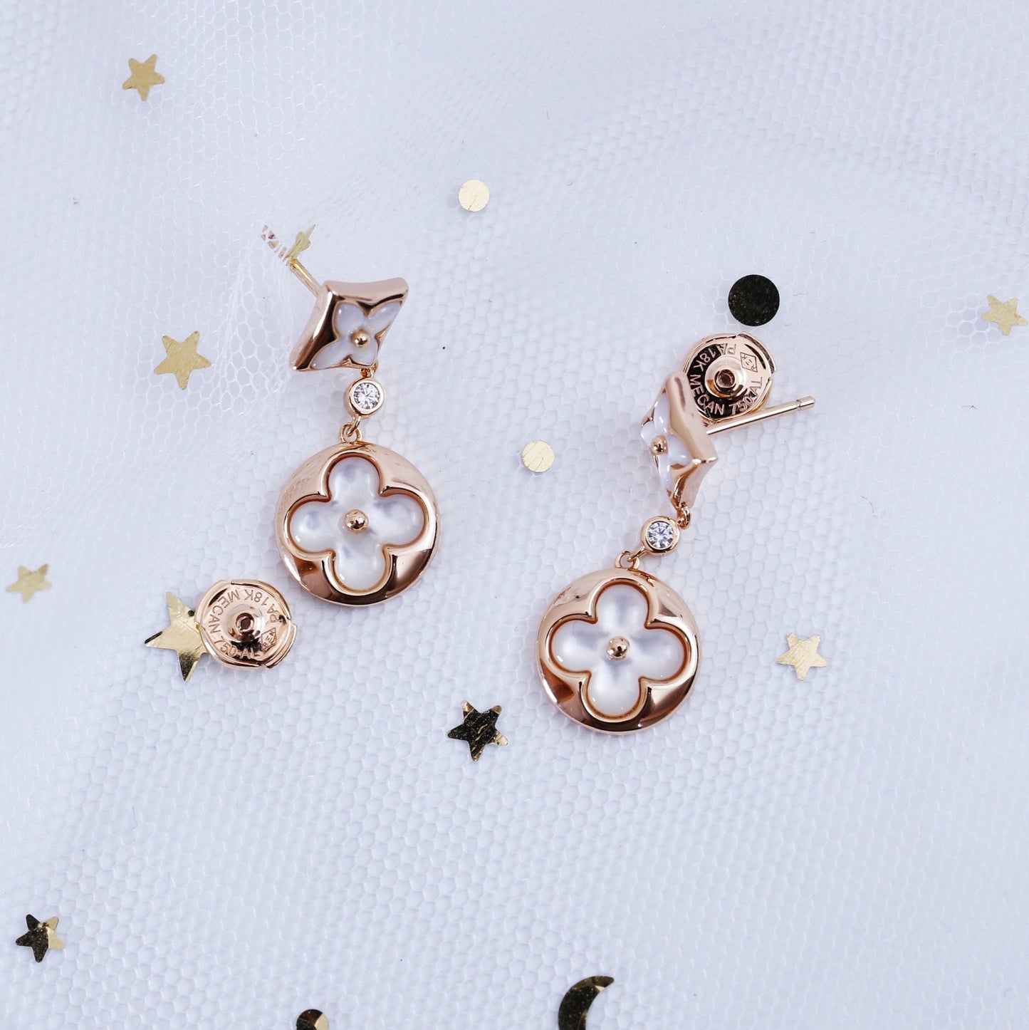 [Love's Uplift]STAR AND SUN PINK GOLD MOP DROP EARRINGS