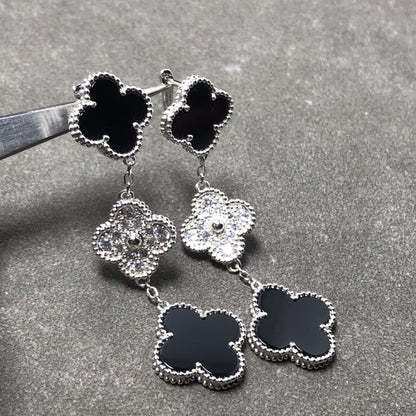 [Love's Uplift]CLOVER 3 MOTIF DIAMOND ONYX SILVER EARRINGS