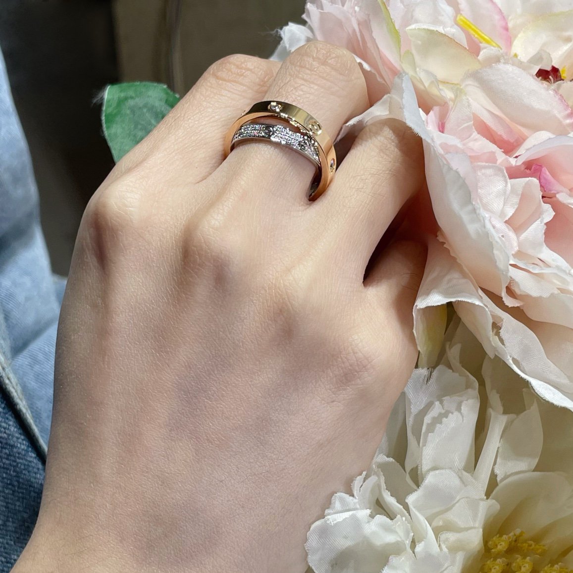 [Love's Uplift]LOVE PINK GOLD SILVER DIAMOND DOUBLE RING