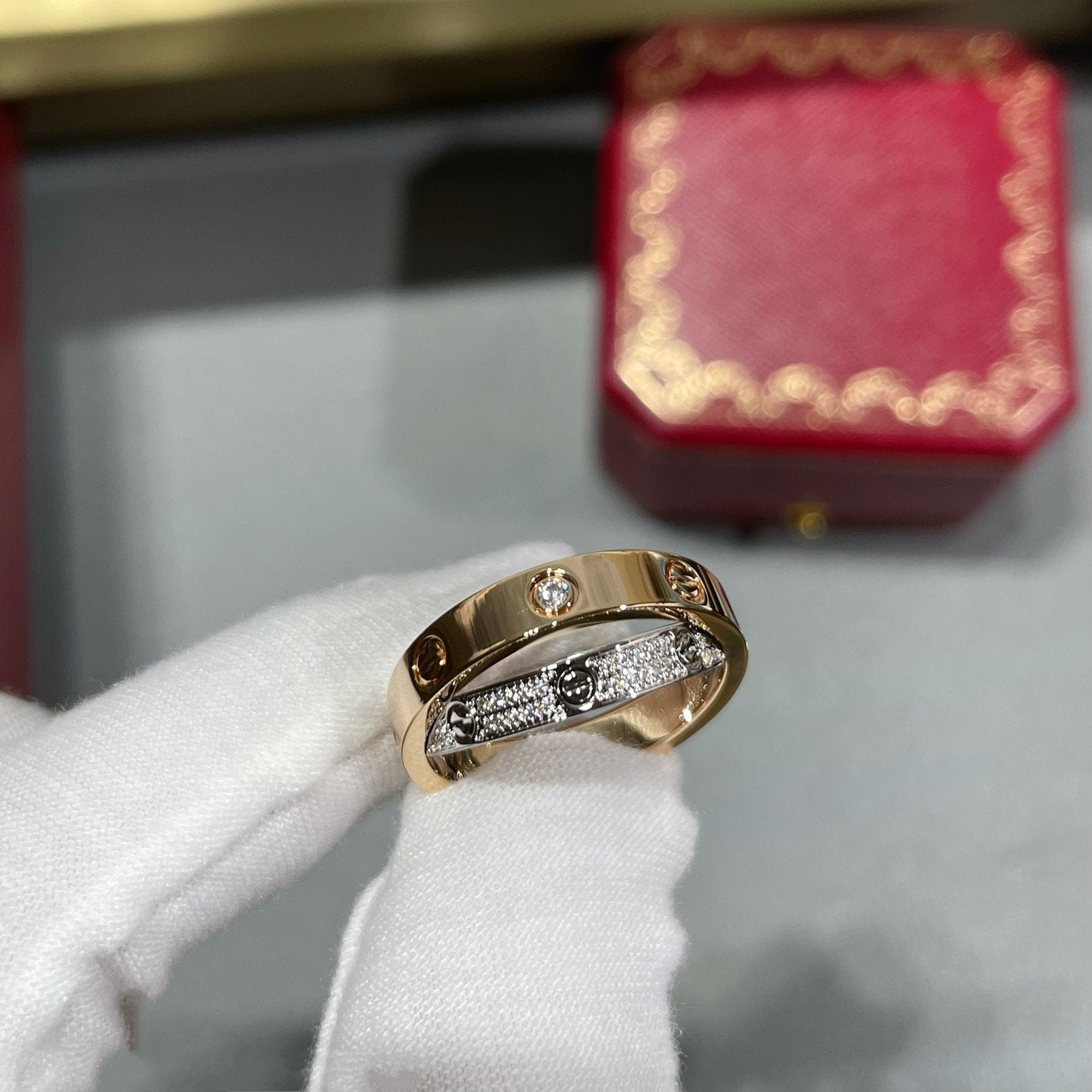 [Love's Uplift]LOVE PINK GOLD SILVER DIAMOND DOUBLE RING