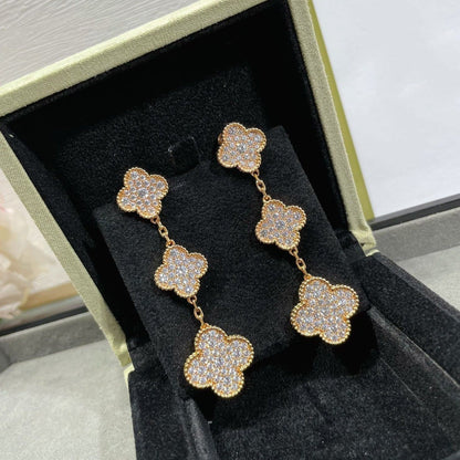 [Love's Uplift]CLOVER 3 MOTIFS DIAMOND PAVED ROSE GOLD EARRINGS