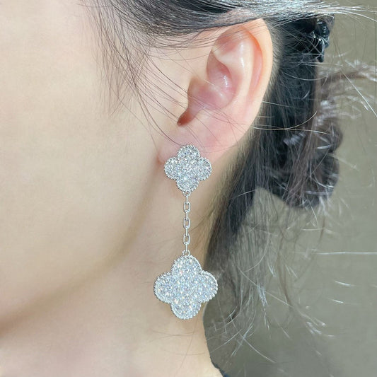 [Love's Uplift]CLOVER 2 MOTIFS DIAMOND PAVED SILVER EARRINGS