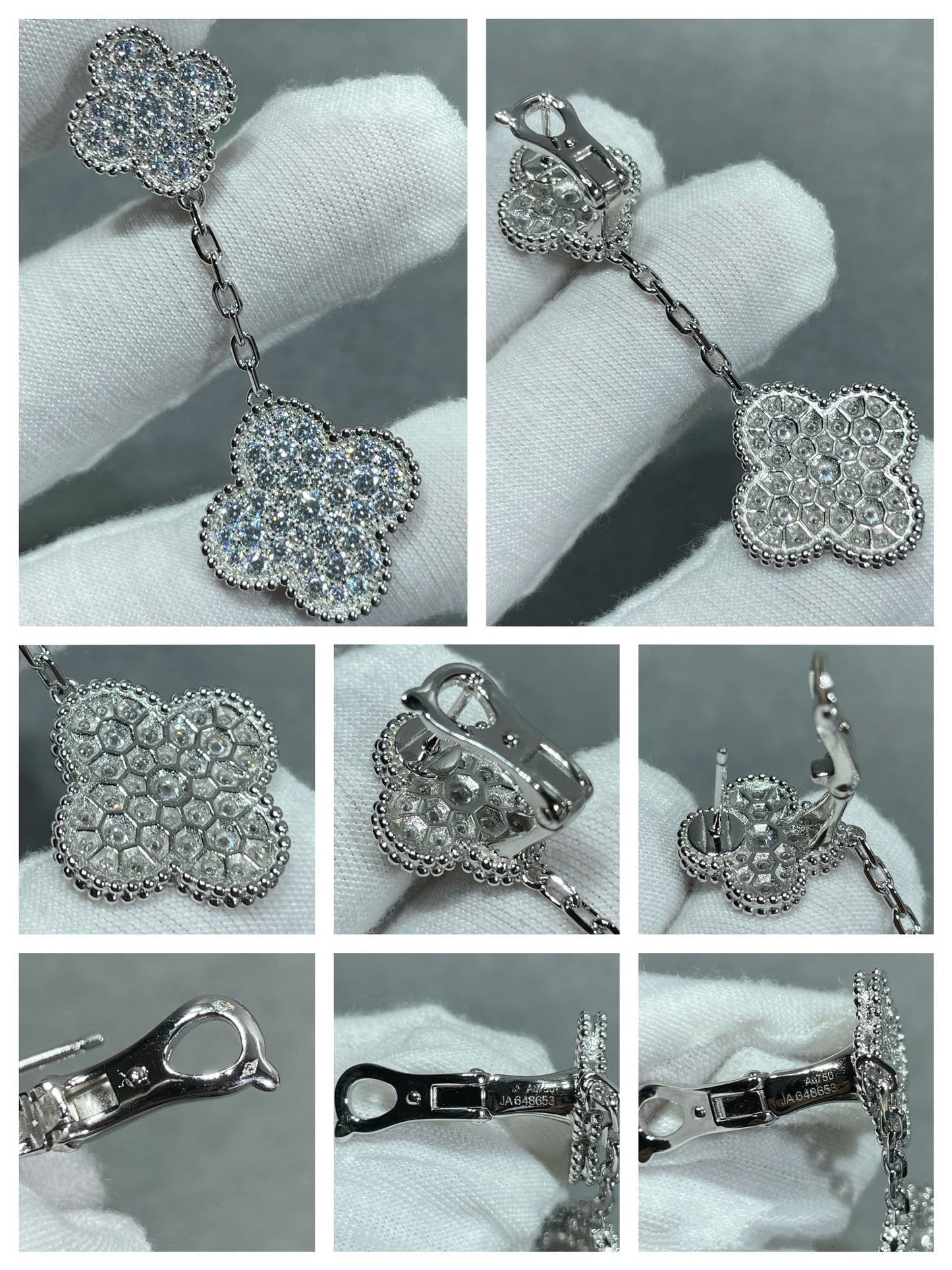 [Love's Uplift]CLOVER 2 MOTIFS DIAMOND PAVED SILVER EARRINGS