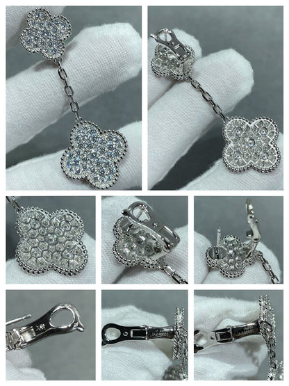 [Love's Uplift]CLOVER 2 MOTIFS DIAMOND PAVED SILVER EARRINGS