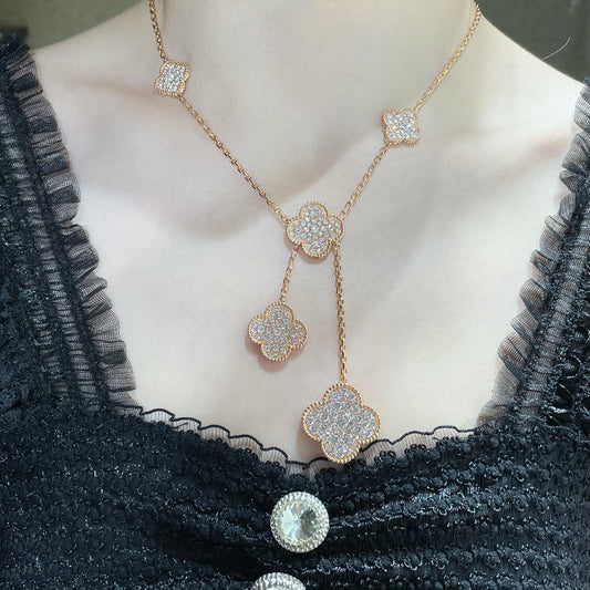 [Love's Uplift]CLOVER 6 MOTIF DIAMOND PAVED NECKLACE