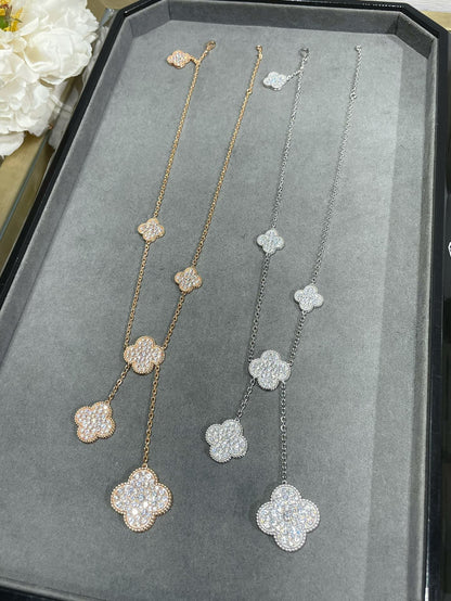 [Love's Uplift]CLOVER 6 MOTIF DIAMOND PAVED NECKLACE