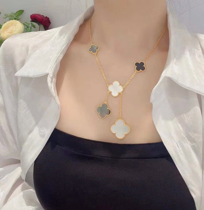 [Love's Uplift]CLOVER 6 MOTIF MOP ONYX GOLD NECKLACE