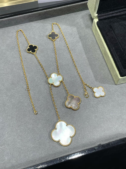 [Love's Uplift]CLOVER 6 MOTIF MOP ONYX GOLD NECKLACE