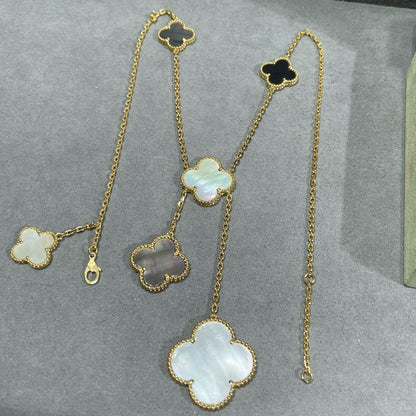 [Love's Uplift]CLOVER 6 MOTIF MOP ONYX GOLD NECKLACE