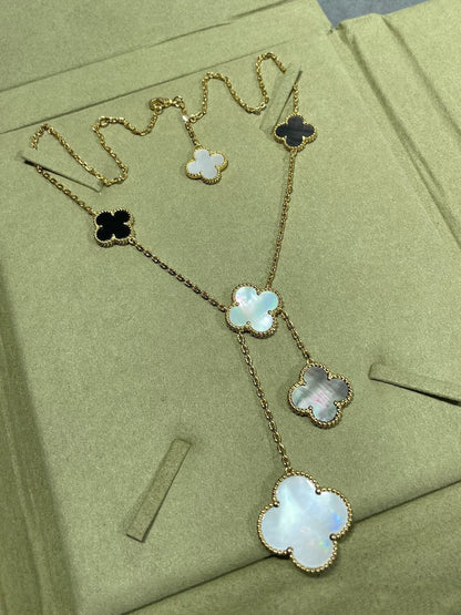 [Love's Uplift]CLOVER 6 MOTIF MOP ONYX GOLD NECKLACE