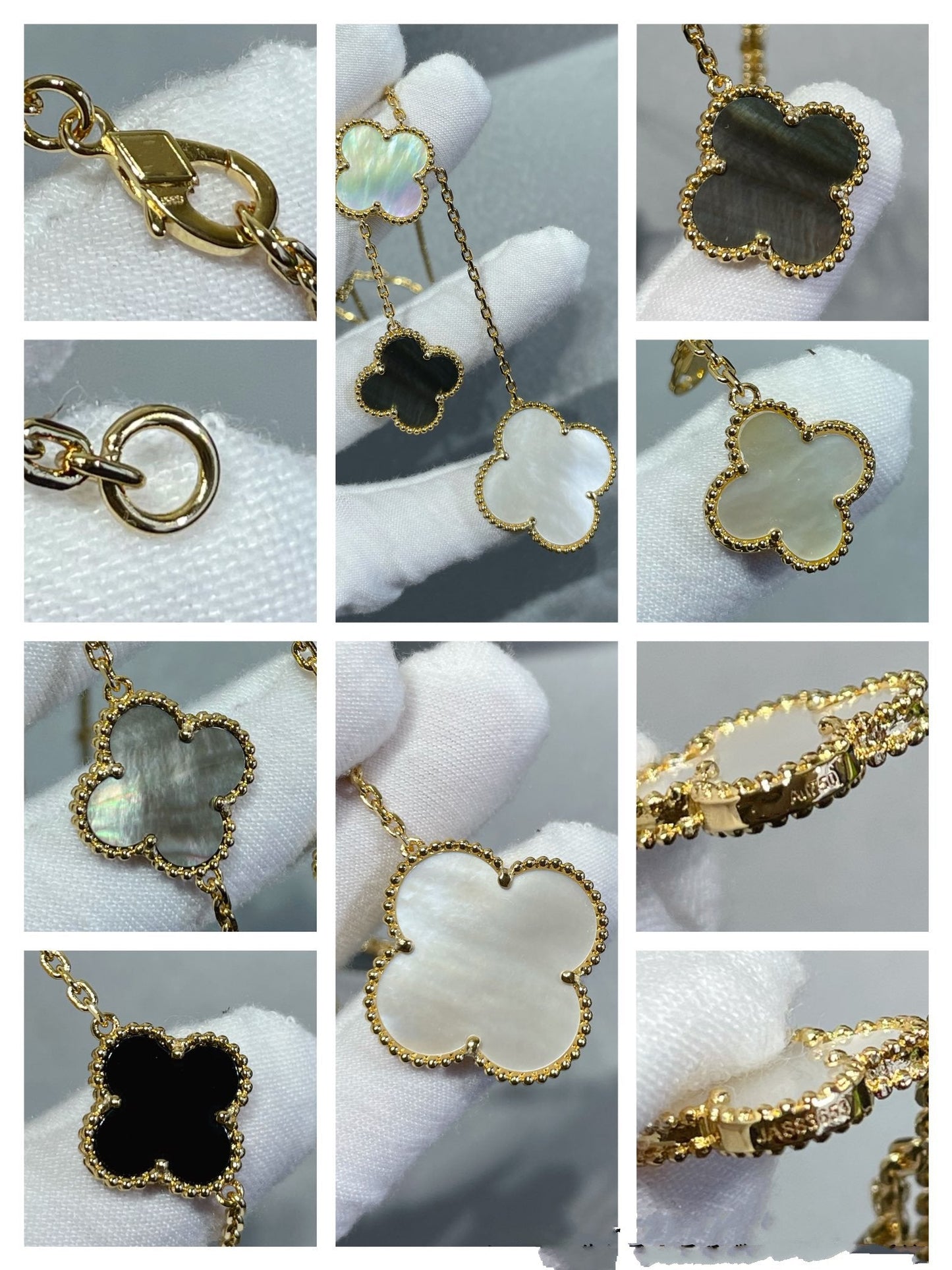 [Love's Uplift]CLOVER 6 MOTIF MOP ONYX GOLD NECKLACE