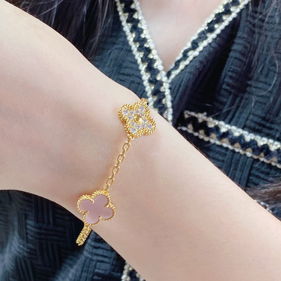 [Love's Uplift]CLOVER 5 MOTIF DIAMOND PINK MOP PINK GOLD BRACELET