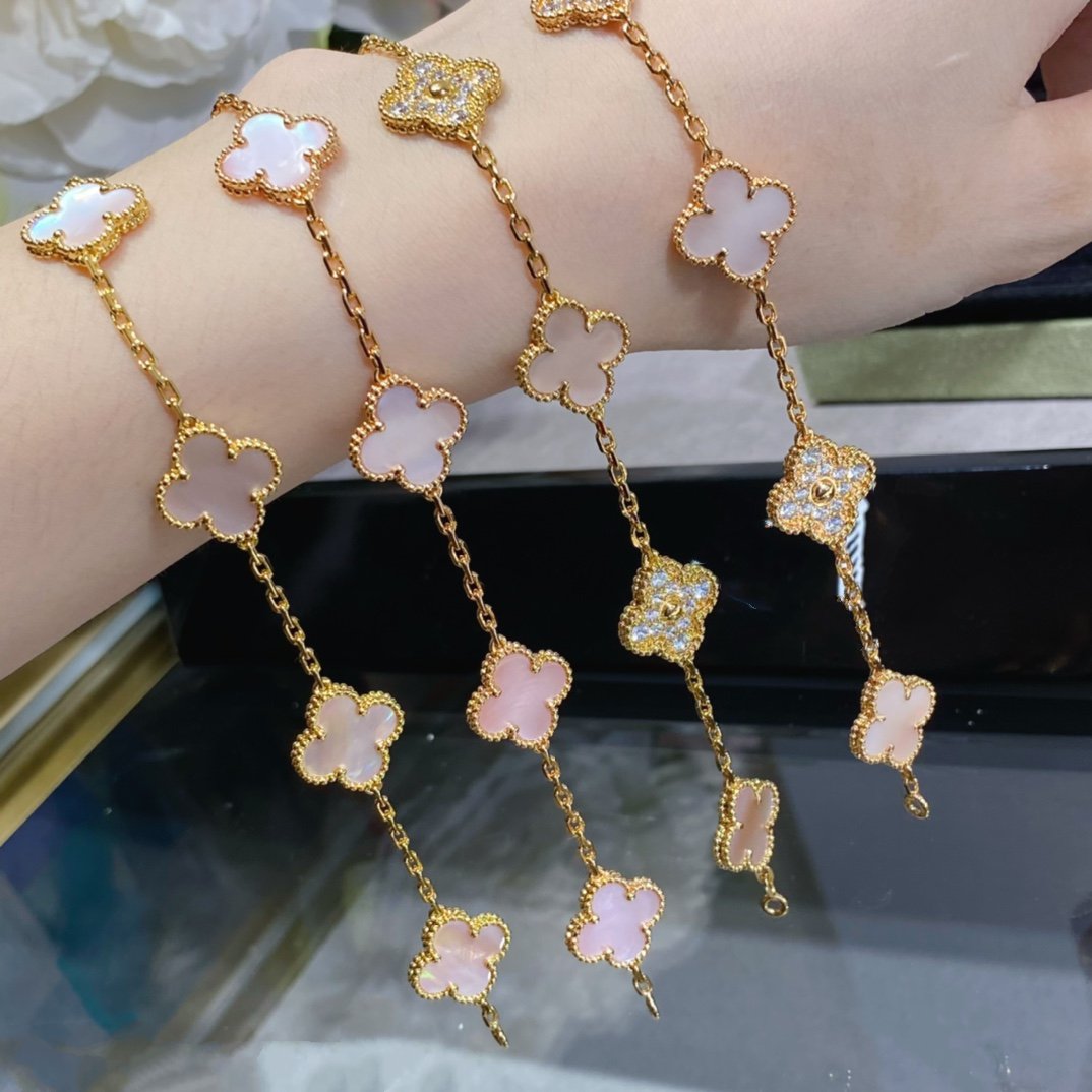 [Love's Uplift]CLOVER 5 MOTIF DIAMOND PINK MOP PINK GOLD BRACELET