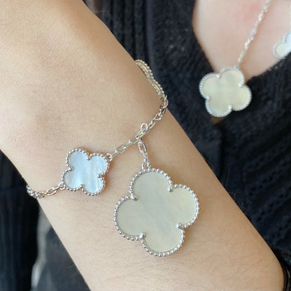 [Love's Uplift]CLOVER 5 MOTIF WHITE MOP SILVER BRACELET