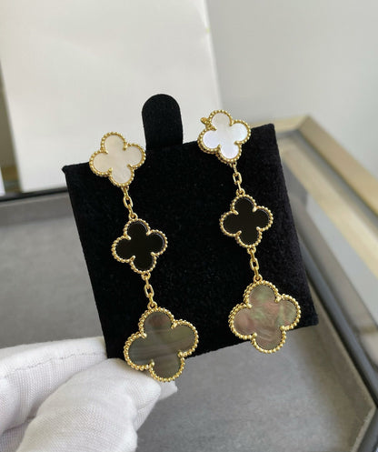 [Love's Uplift]CLOVER 3 MOTIF MOP ONYX DARK MOP PINK GOLD EARRINGS