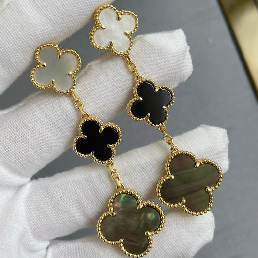 [Love's Uplift]CLOVER 3 MOTIF MOP ONYX DARK MOP PINK GOLD EARRINGS