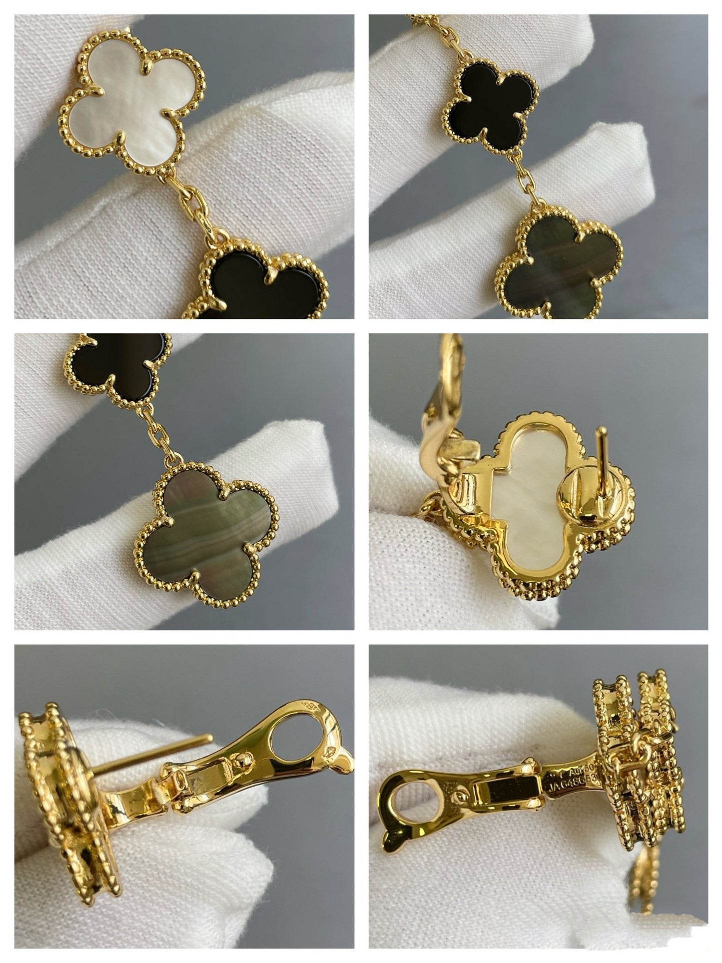 [Love's Uplift]CLOVER 3 MOTIF MOP ONYX DARK MOP PINK GOLD EARRINGS