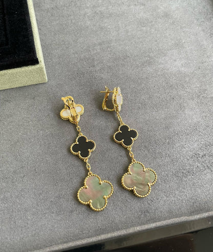 [Love's Uplift]CLOVER 3 MOTIF MOP ONYX DARK MOP PINK GOLD EARRINGS