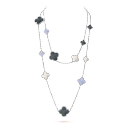 [Love's Uplift]CLOVER 16 MOTIF CHALCEDONY MOP SILVER NECKLACE