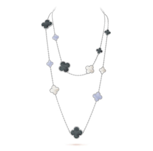 [Love's Uplift]CLOVER 16 MOTIF CHALCEDONY MOP SILVER NECKLACE
