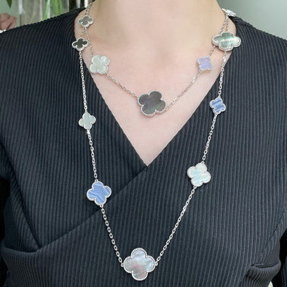 [Love's Uplift]CLOVER 16 MOTIF CHALCEDONY MOP SILVER NECKLACE