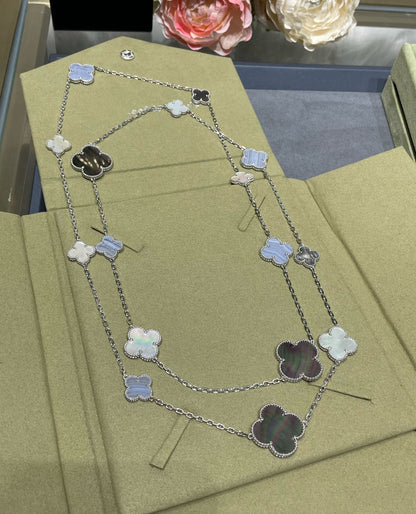 [Love's Uplift]CLOVER 16 MOTIF CHALCEDONY MOP SILVER NECKLACE