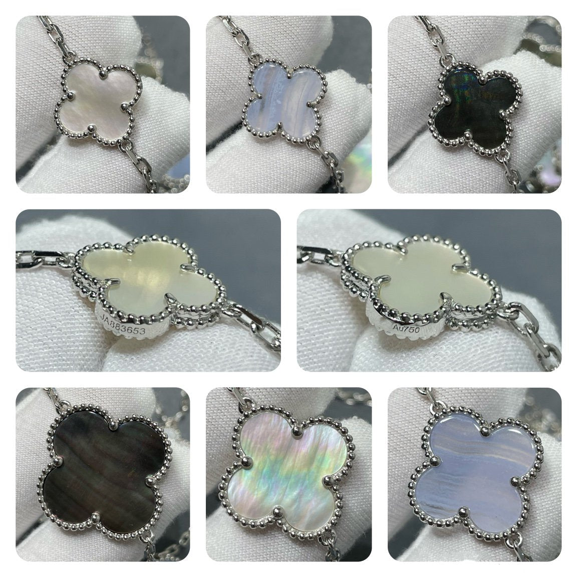 [Love's Uplift]CLOVER 16 MOTIF CHALCEDONY MOP SILVER NECKLACE