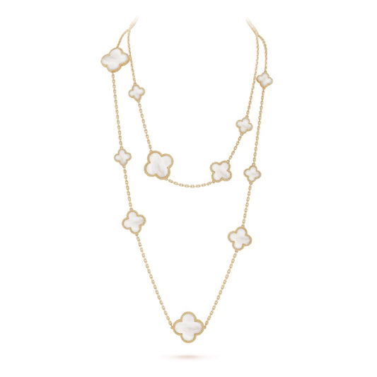[Love's Uplift]CLOVER 16 MOTIF WHITE MOP GOLD NECKLACE