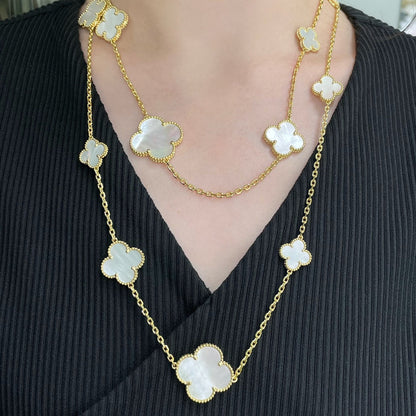 [Love's Uplift]CLOVER 16 MOTIF WHITE MOP GOLD NECKLACE