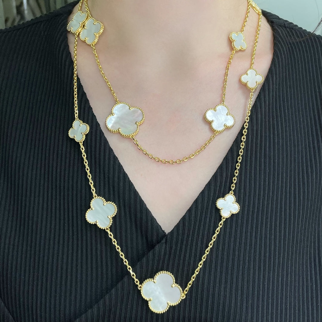 [Love's Uplift]CLOVER 16 MOTIF WHITE MOP GOLD NECKLACE