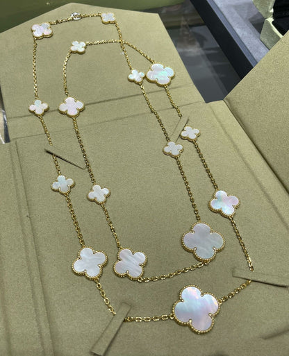 [Love's Uplift]CLOVER 16 MOTIF WHITE MOP GOLD NECKLACE