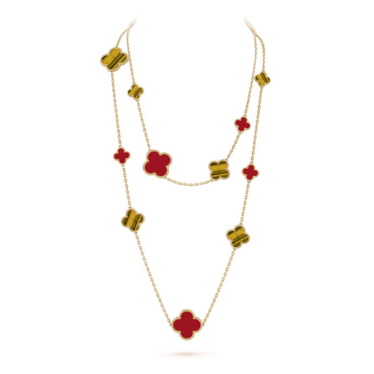 [Love's Uplift]CLOVER 16 MOTIF CARNELIAN TIGER EYE ROSE GOLD NECKLACE