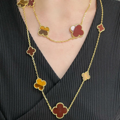 [Love's Uplift]CLOVER 16 MOTIF CARNELIAN TIGER EYE ROSE GOLD NECKLACE