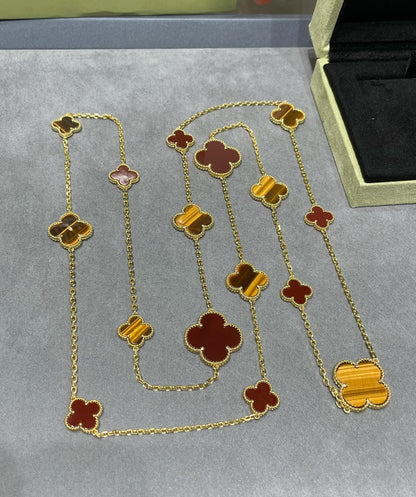 [Love's Uplift]CLOVER 16 MOTIF CARNELIAN TIGER EYE ROSE GOLD NECKLACE