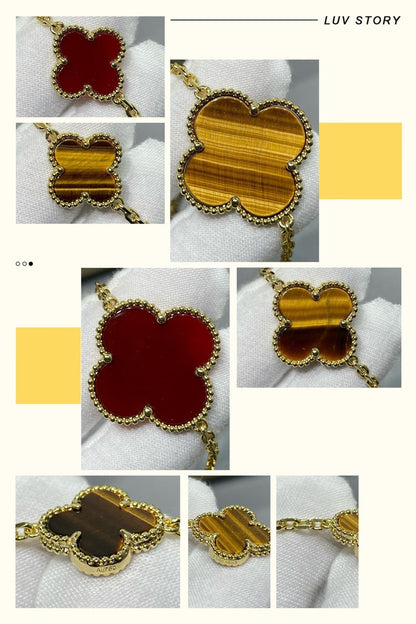[Love's Uplift]CLOVER 16 MOTIF CARNELIAN TIGER EYE ROSE GOLD NECKLACE