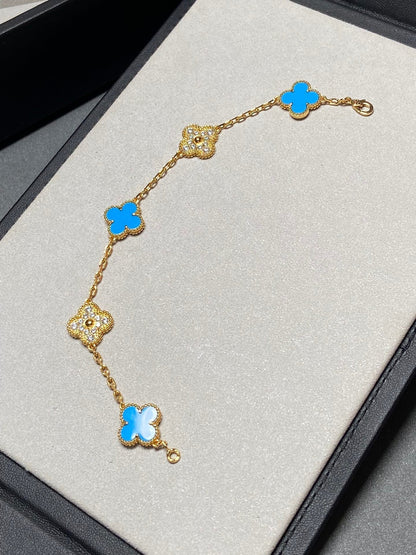 [Love's Uplift]CLOVER 5 MOTIF BLUE CHALCEDONY DIAMOND GOLD BRACELET