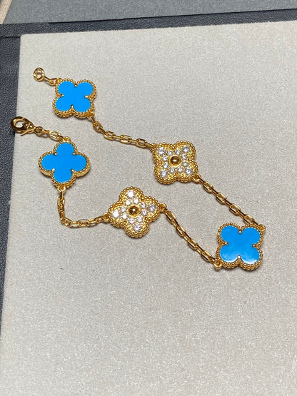 [Love's Uplift]CLOVER 5 MOTIF BLUE CHALCEDONY DIAMOND GOLD BRACELET