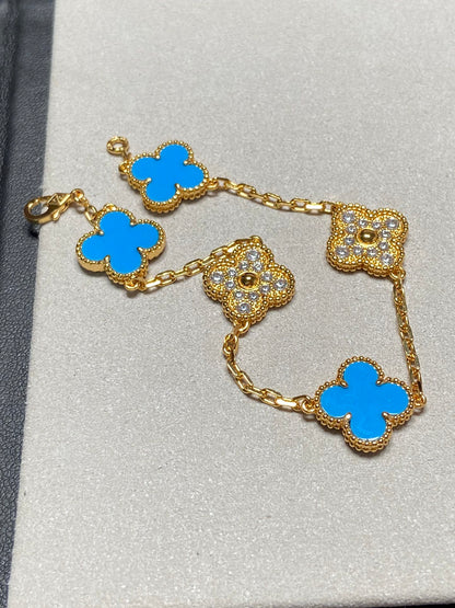 [Love's Uplift]CLOVER 5 MOTIF BLUE CHALCEDONY DIAMOND GOLD BRACELET
