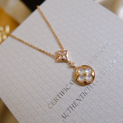 [Love's Uplift]STAR AND SUN WHITE MOP 2 MOTIF PINK GOLD NECKLACE