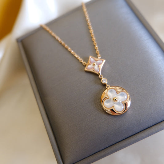 [Love's Uplift]STAR AND SUN WHITE MOP 2 MOTIF PINK GOLD NECKLACE