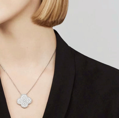 [Love's Uplift]CLOVER 25MM LARGE PENDANT DIAMOND PAVED SILVER NECKLACE