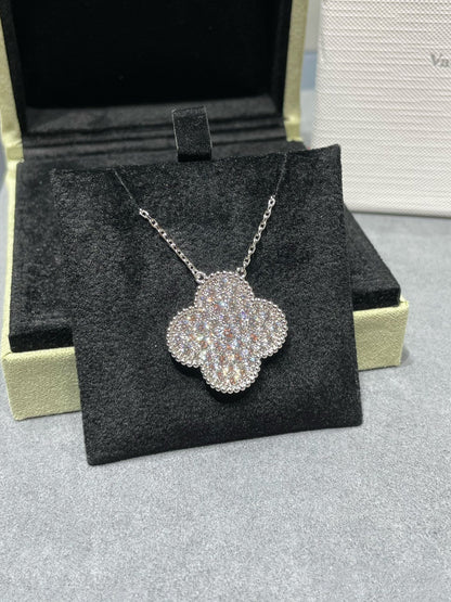 [Love's Uplift]CLOVER 25MM LARGE PENDANT DIAMOND PAVED SILVER NECKLACE
