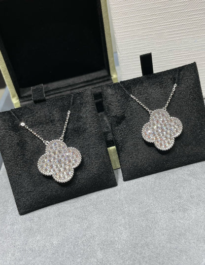 [Love's Uplift]CLOVER 25MM LARGE PENDANT DIAMOND PAVED SILVER NECKLACE