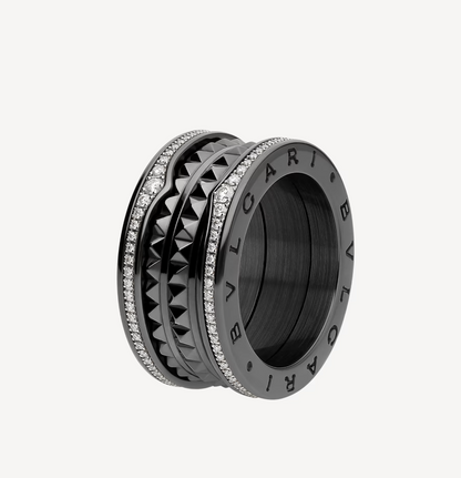 [Love's Uplift]ZERO 1 ROCK FOUR-BAND BLACK CERAMIC WITH STUDDED SPIRAL AND PAVED DIAMONDS RING