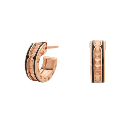[Love's Uplift]ZERO 1 ROCK PINK GOLD EARRINGS WITH STUDDED SPIRAL AND BLACK CERAMIC